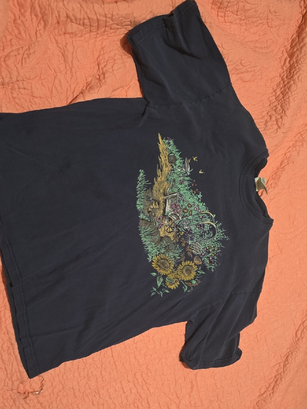 Vintage GOLD BASICS Navy Graphic Tee with Multicolor Floral Print